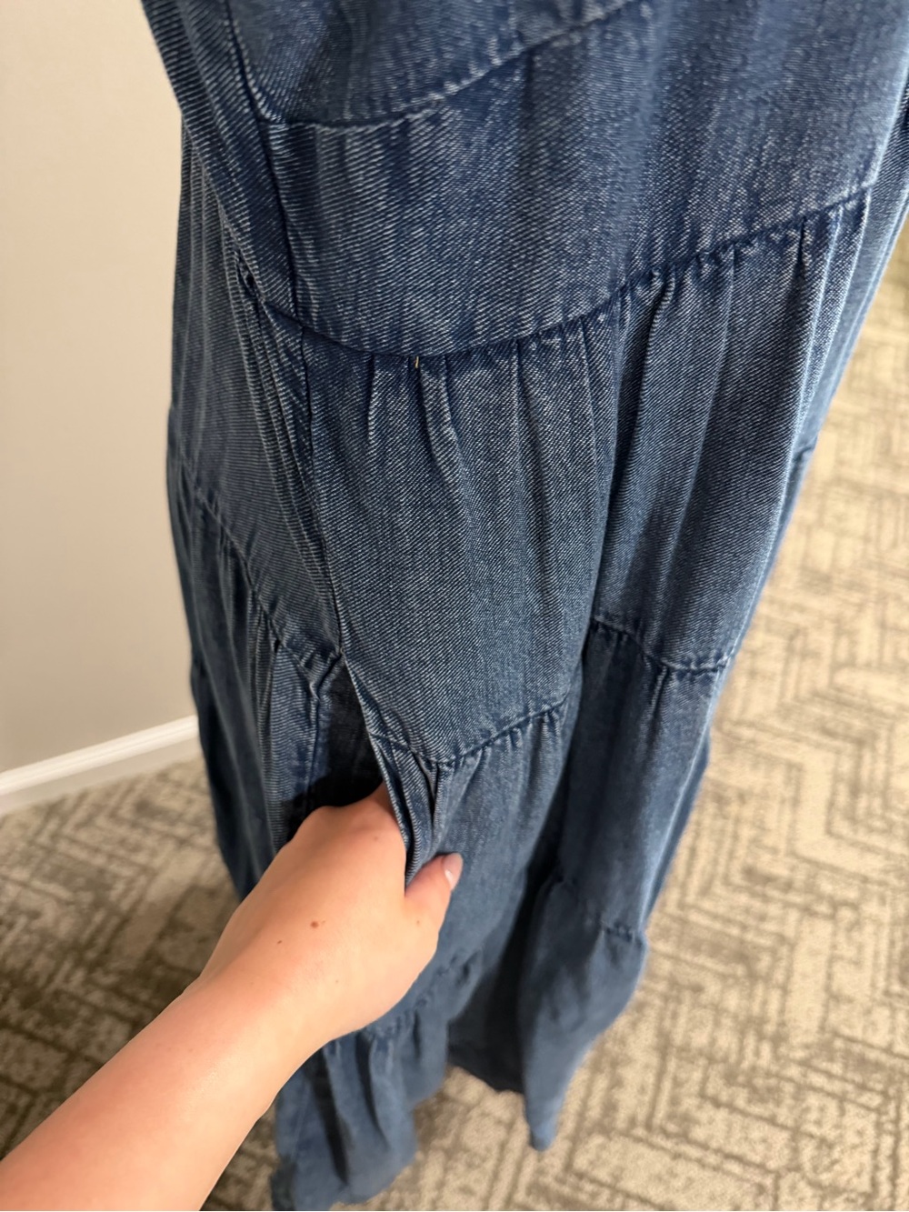 The Helena Square-Neck Tiered Midi Dress: Smocked: Denim Edition - Picture 12 of 15